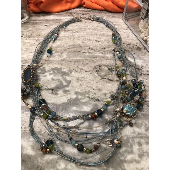 Boho Style Statement Multistrand Multicolored Glass Acrylic Seed Beads Necklace - Picture 1 of 16